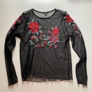 American Eagle mesh long sleeve black top with floral embroidery size Large